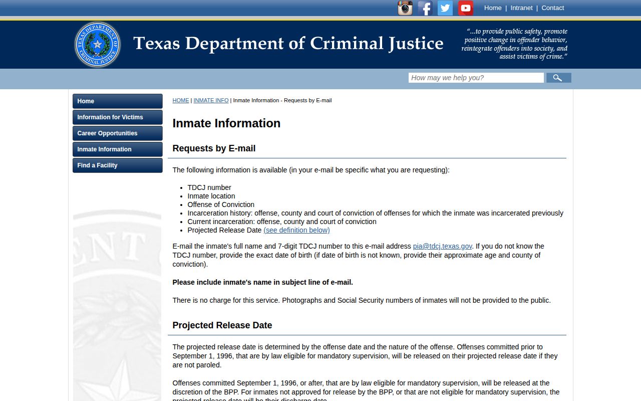 TDCJ inmate information email page listing projected release date data